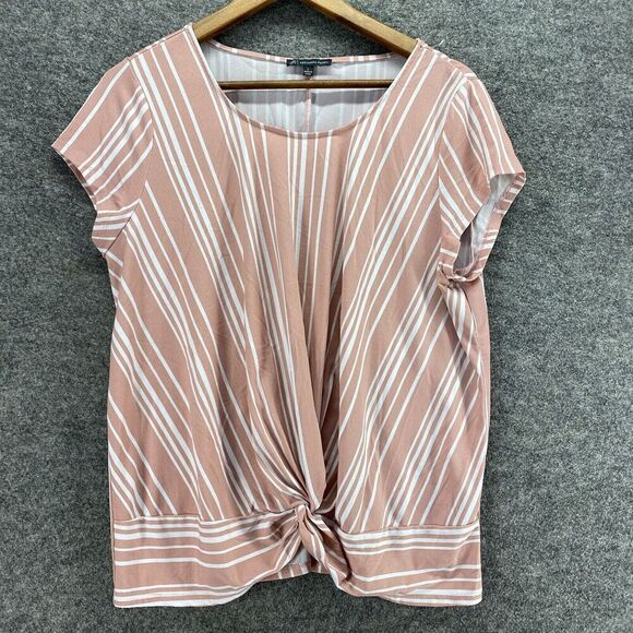 5/$45 Adrianna Papell Blouse Women L Large Pink Striped Short Sleeve Round Neck - Picture 1 of 9